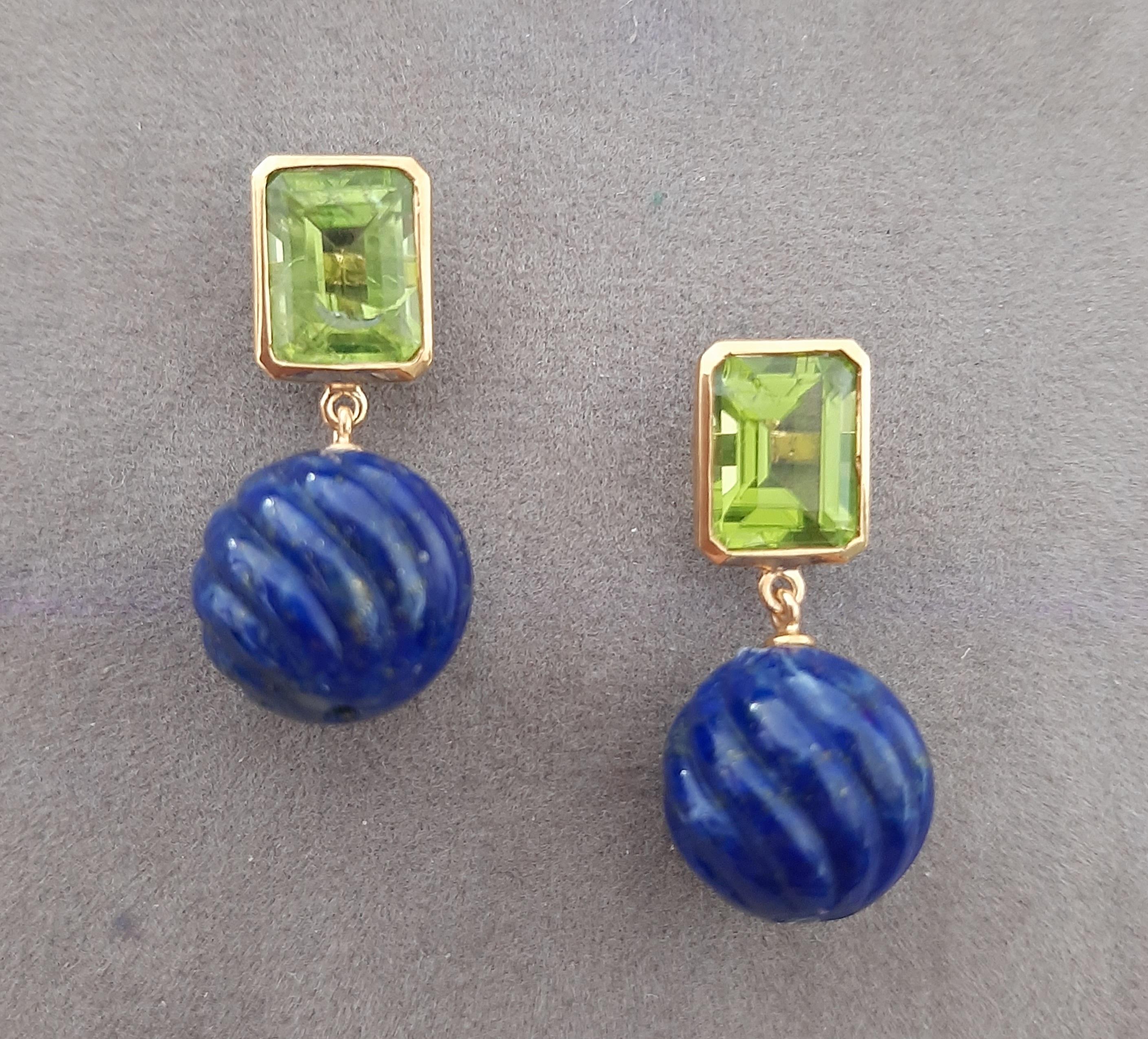 Peridot Faceted Octagon Shape Carved Lapis Lazuli  Beads 14k Solid Yellow Gold For Sale 6