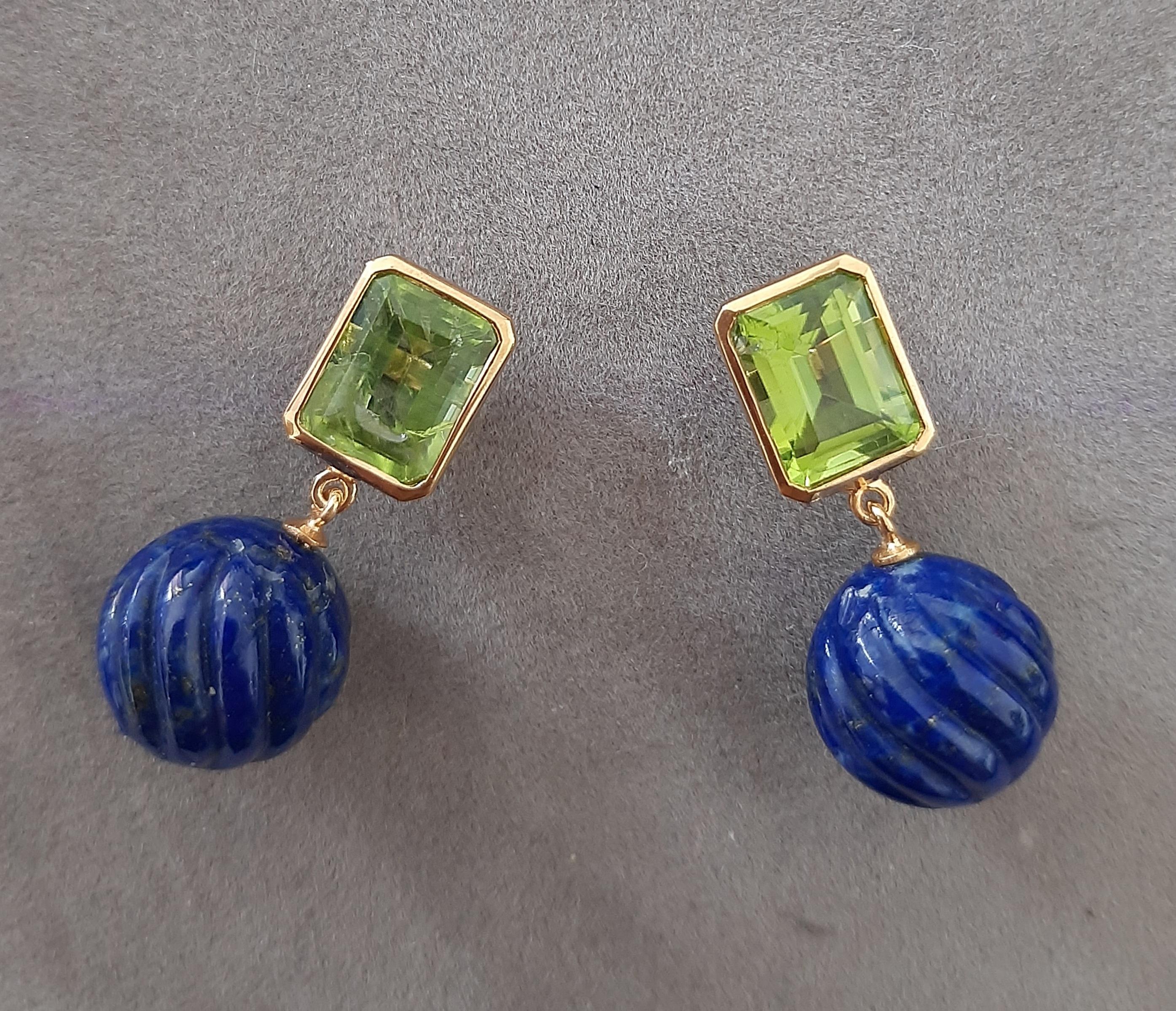 Peridot Faceted Octagon Shape Carved Lapis Lazuli  Beads 14k Solid Yellow Gold For Sale 5