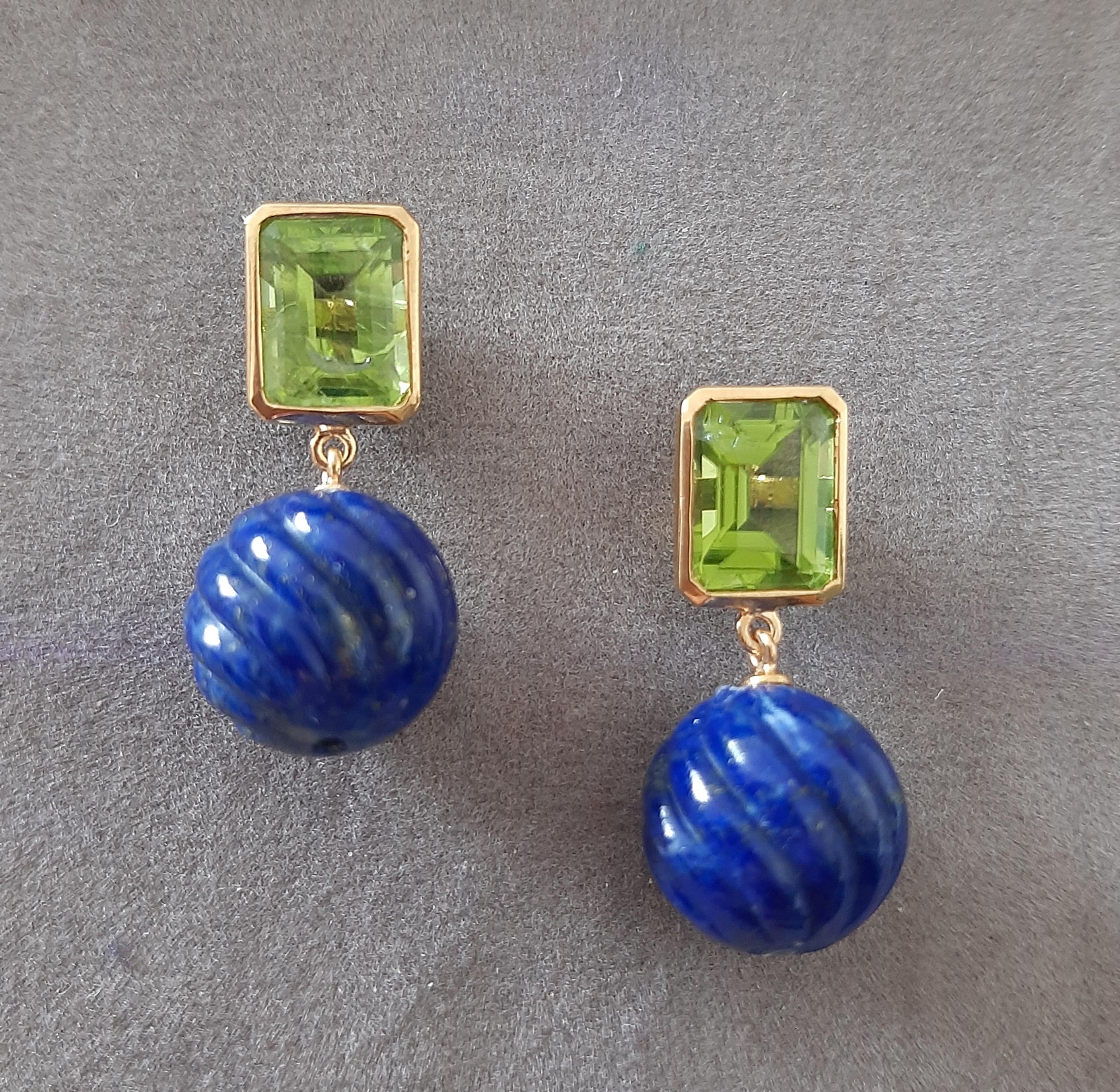 Peridot Faceted Octagon Shape Carved Lapis Lazuli  Beads 14k Solid Yellow Gold For Sale 7