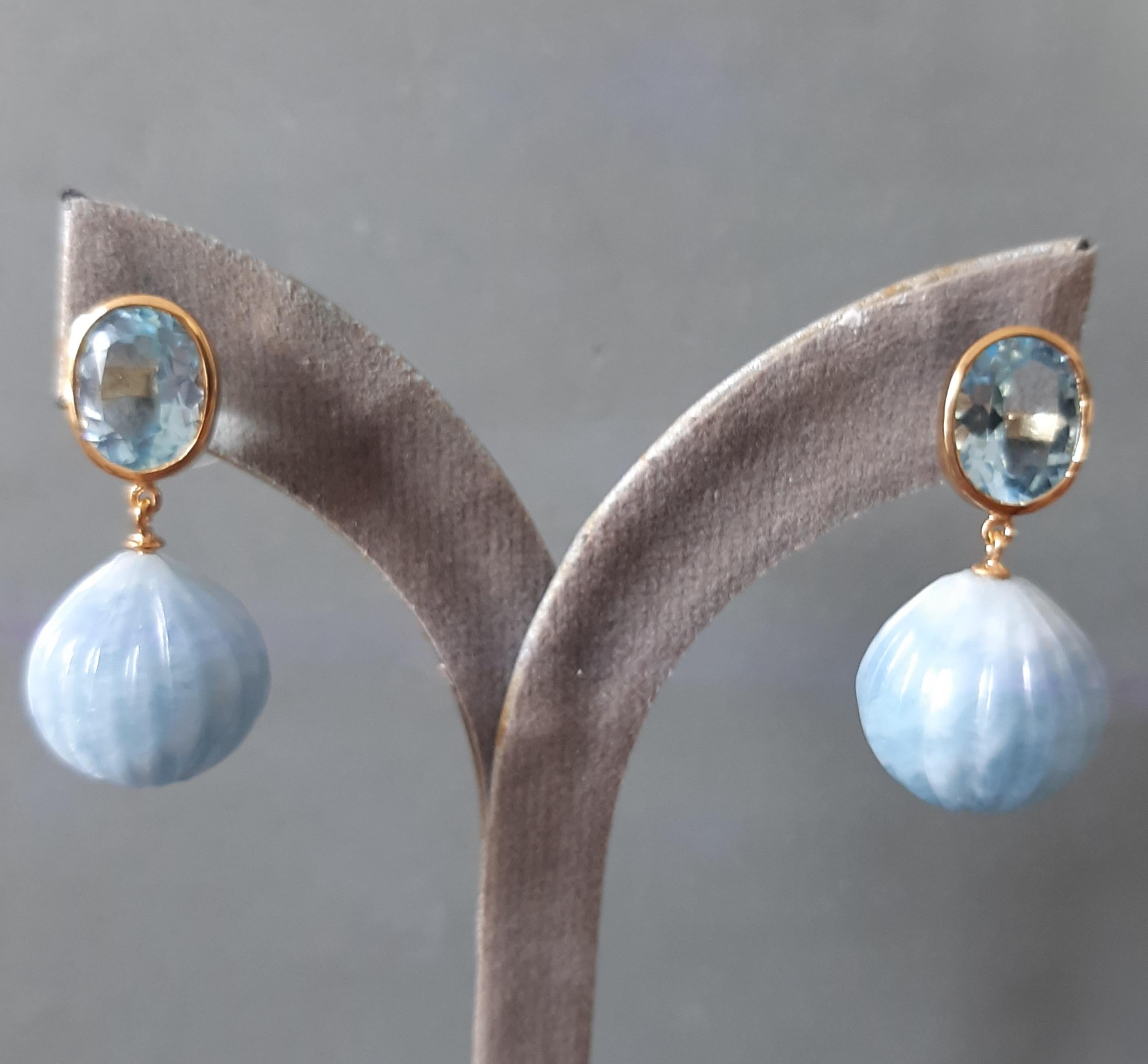 Taille mixte Topaze bleue Forme ovale facettée Aigue-marine sculptée Gouttes d'or jaune massif 14k en vente