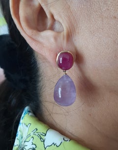 Amethyst Round Drops Ruby Cabochons 14 Karat Solid Yellow Gold Earrings