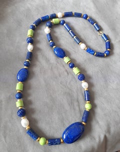 Lapis Lazuli Fresh Water Pearls Green Turquoise Gold Plated Spacers Necklace.