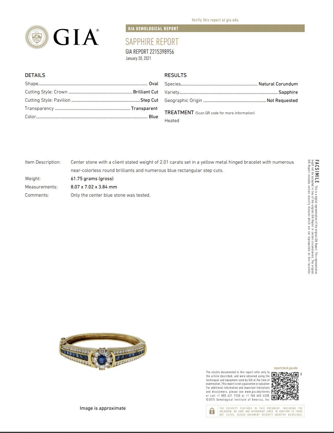 GIA Certified 18 Karat Diamond and Blue Sapphire Hinged Bangle Bracelet 5