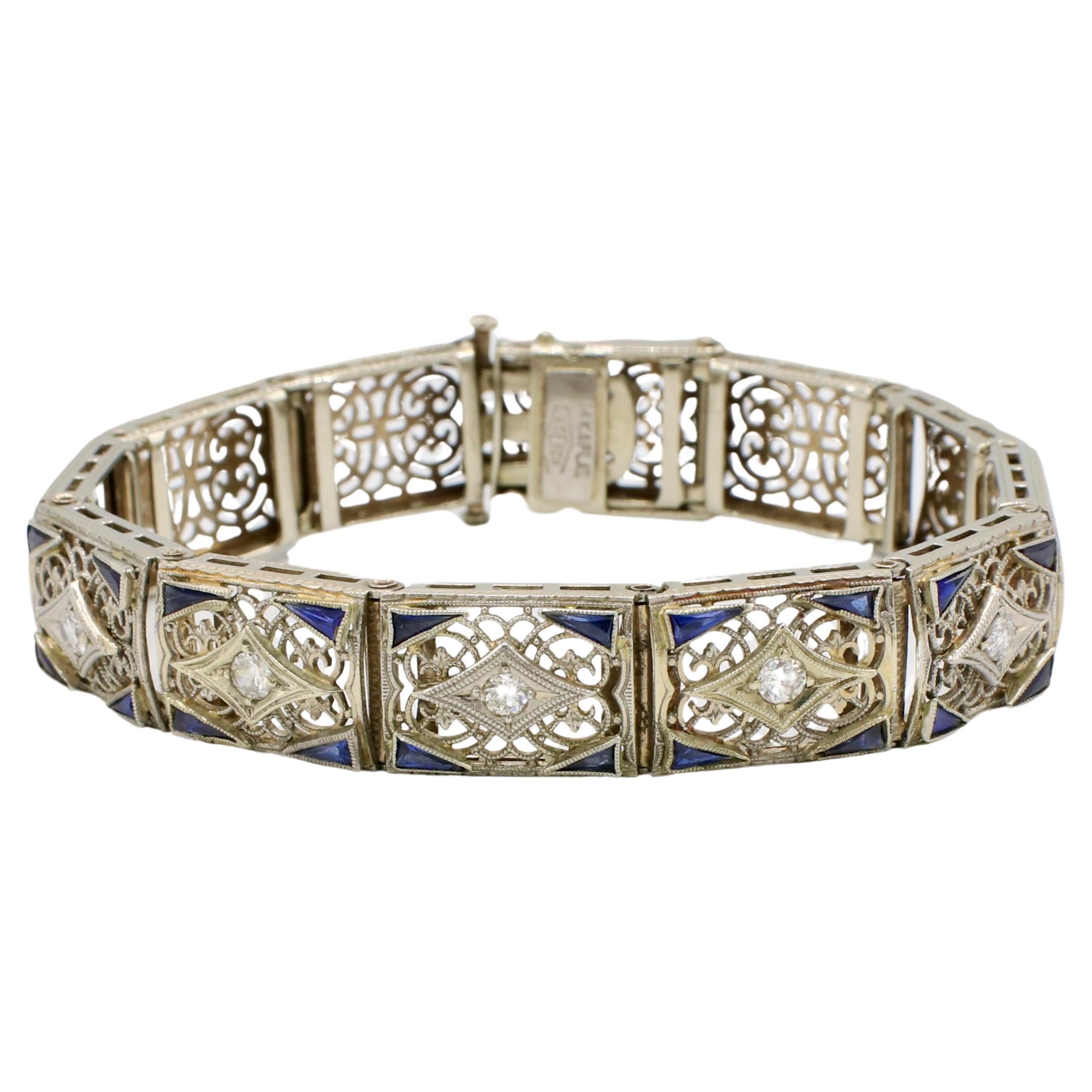 Esemco Art Deco Gold & Platinum Natural Diamond & Sapphire Filigree Bracelet  For Sale