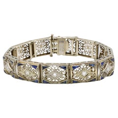 Antique Esemco Art Deco Gold & Platinum Natural Diamond & Sapphire Filigree Bracelet 