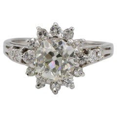 Bague de fiançailles Halo Art Déco en diamant naturel de 1,50 carat de taille européenne ancienne