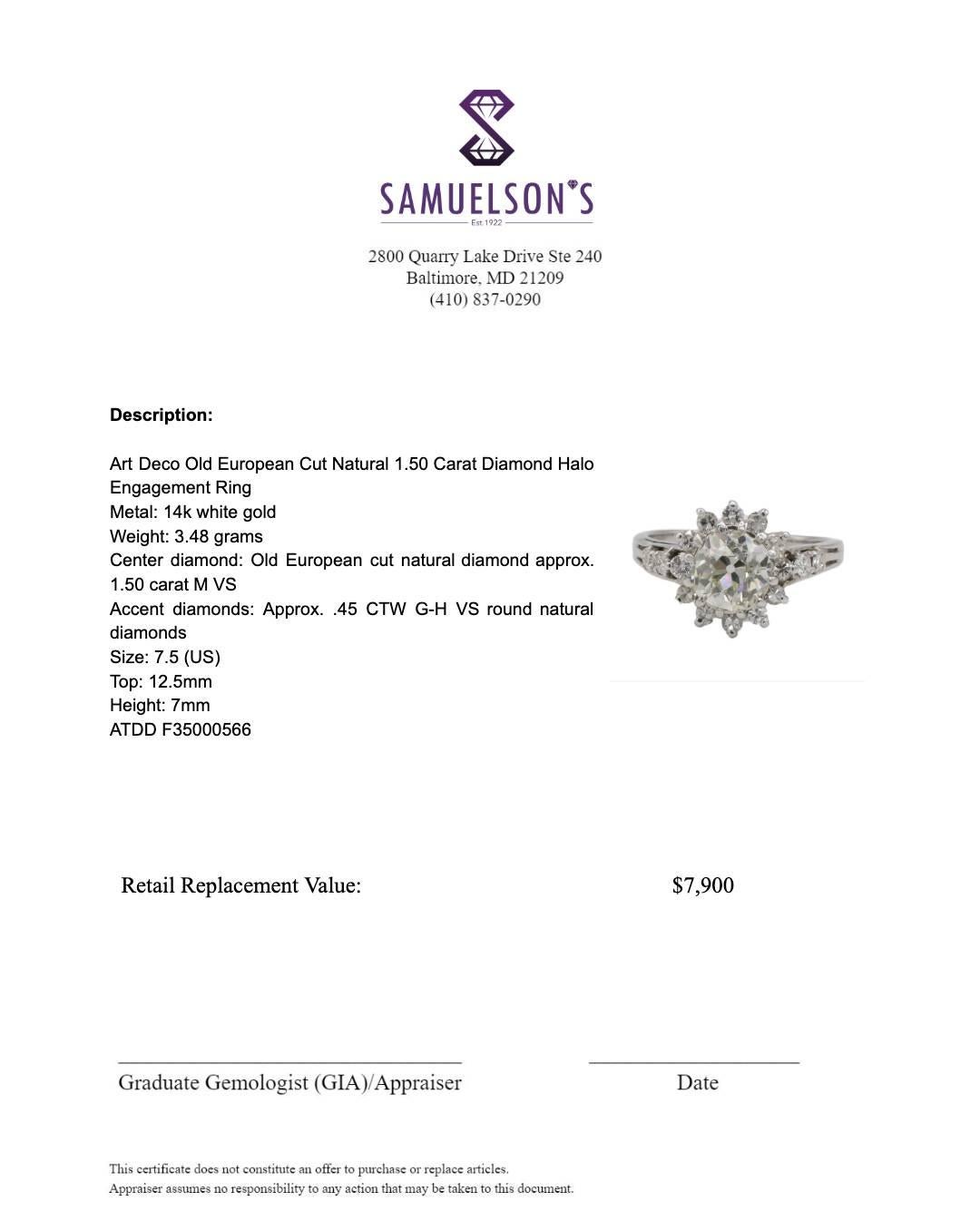 Bague de fiançailles Halo Art Déco en diamant naturel de 1,50 carat de taille européenne ancienne Pour femmes en vente