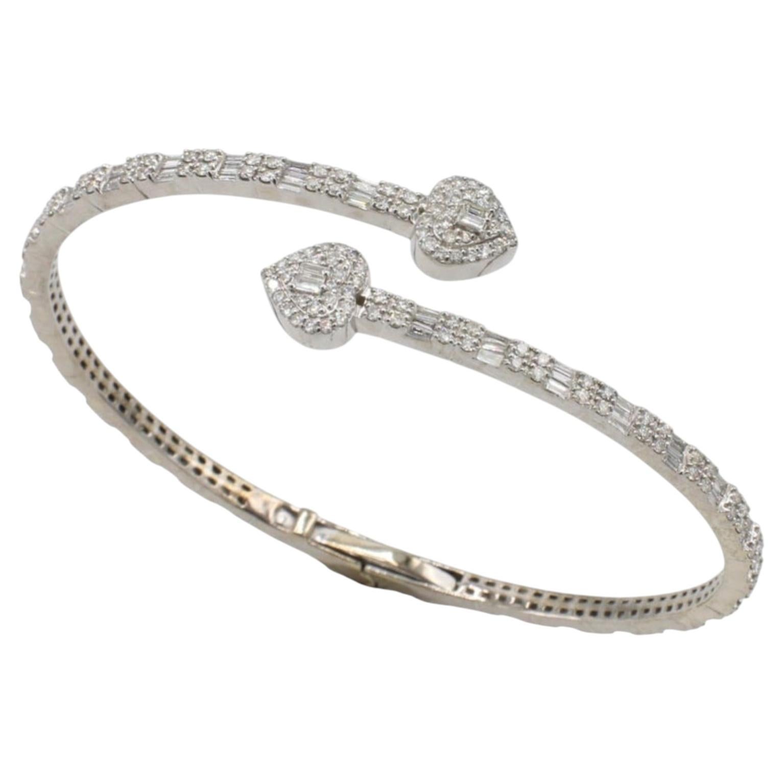 14 Karat White Gold 2.25 Carat Natural Diamond Heart Bypass Bangle Bracelet