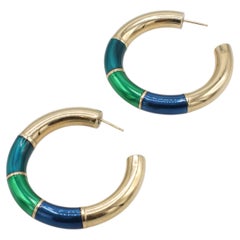 Pendientes grandes de aro colgantes de oro amarillo de 14 quilates con esmalte verde y azul