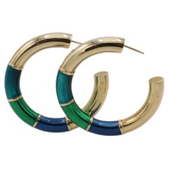 Pendientes grandes de aro colgantes de oro amarillo de 14 quilates con esmalte verde y azul