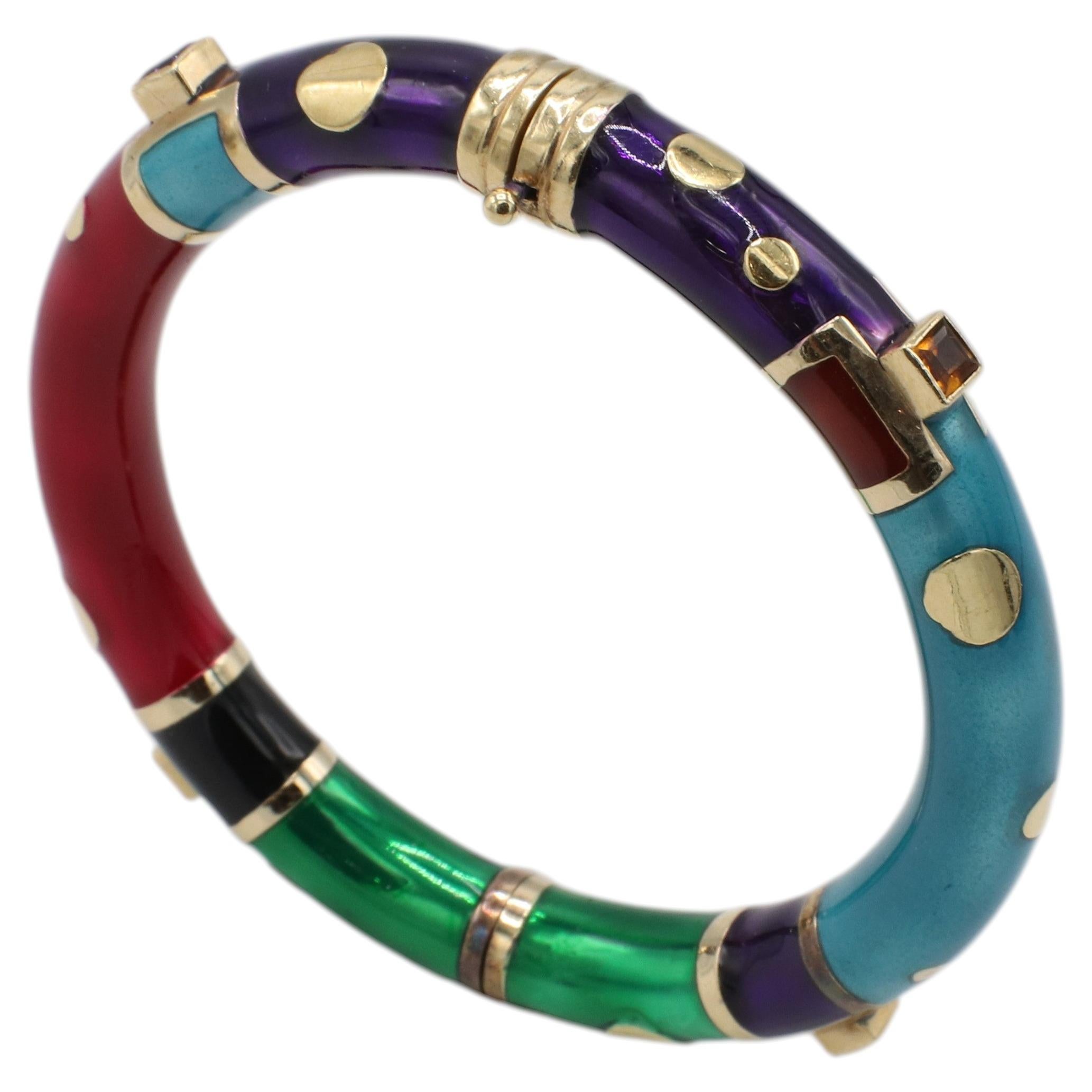 Pulsera tipo brazalete de oro amarillo de 14 quilates, plata de ley, esmalte multicolor y piedras preciosas en venta