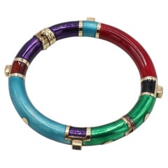 14 Karat Yellow Gold Sterling Silver Multi-Color Enamel Gemstone Bangle Bracelet