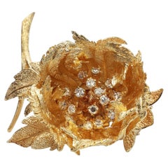 Hammerman Brothers 18 Karat Yellow Gold Natural Diamond Rose Flower Pin Brooch