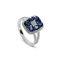 18 Karat White Gold Natural Diamond & Blue Sapphire Cluster Cocktail Ring