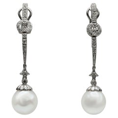 18 Karat White Gold Natural Diamond & South Sea Pearl Dangle Drop Earrings