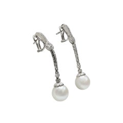 18 Karat White Gold Natural Diamond & South Sea Pearl Dangle Drop Earrings