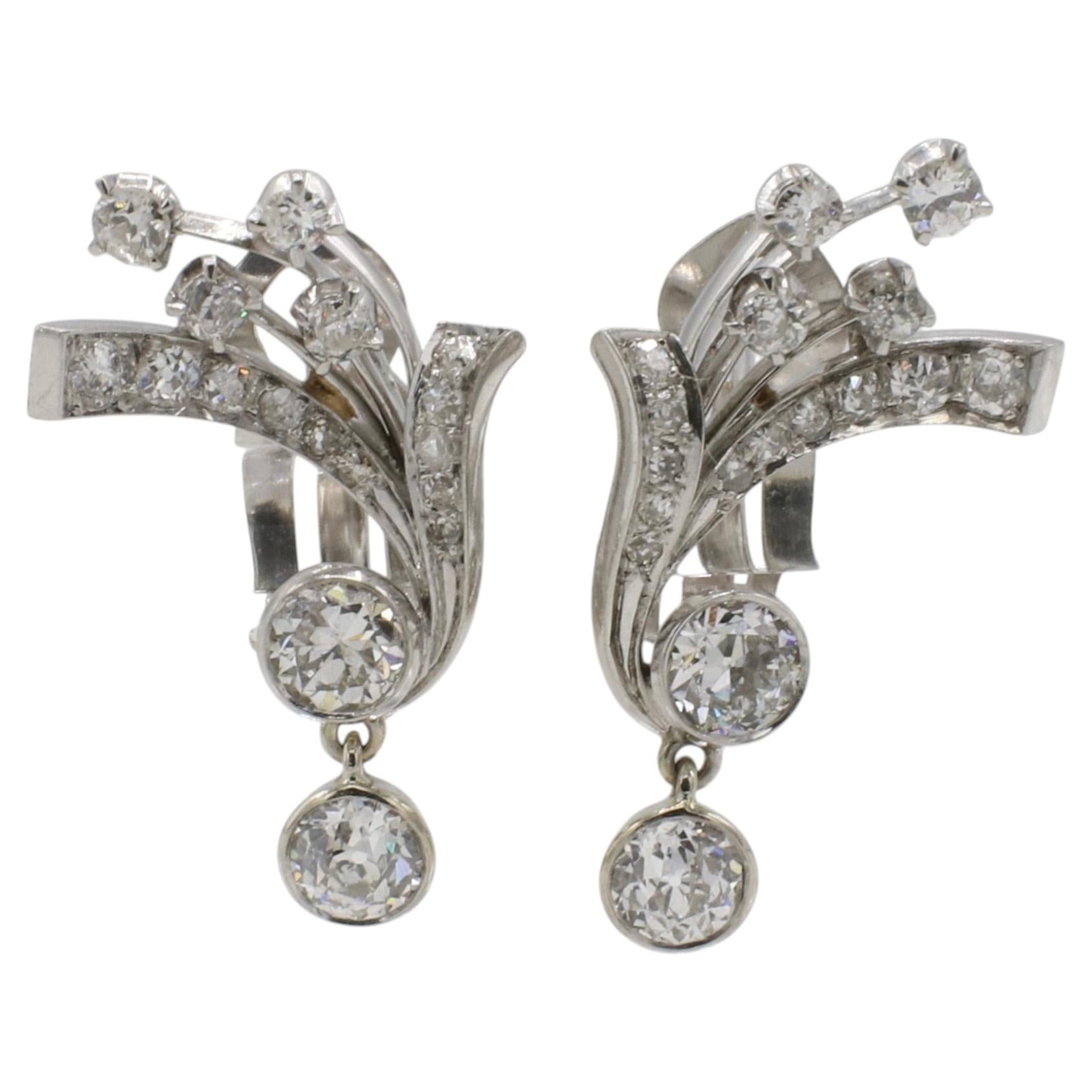 Antique Art Deco Old European Cut Platinum Natural Diamond Dangle Drop Earrings