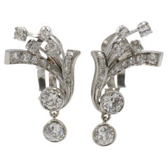 Antique Art Deco Old European Cut Platinum Natural Diamond Dangle Drop Earrings