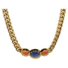 Bulgari Bvlgari 18K Yellow Gold Natural Coral Sapphire Curb Link Chain Necklace