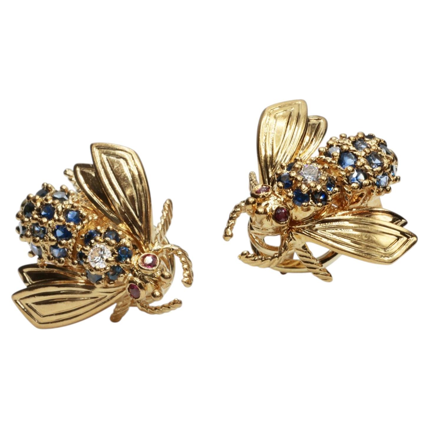 Tiffany & Co. 18 Karat Yellow Gold Bee Natural Sapphire Diamond Ruby Earrings For Sale