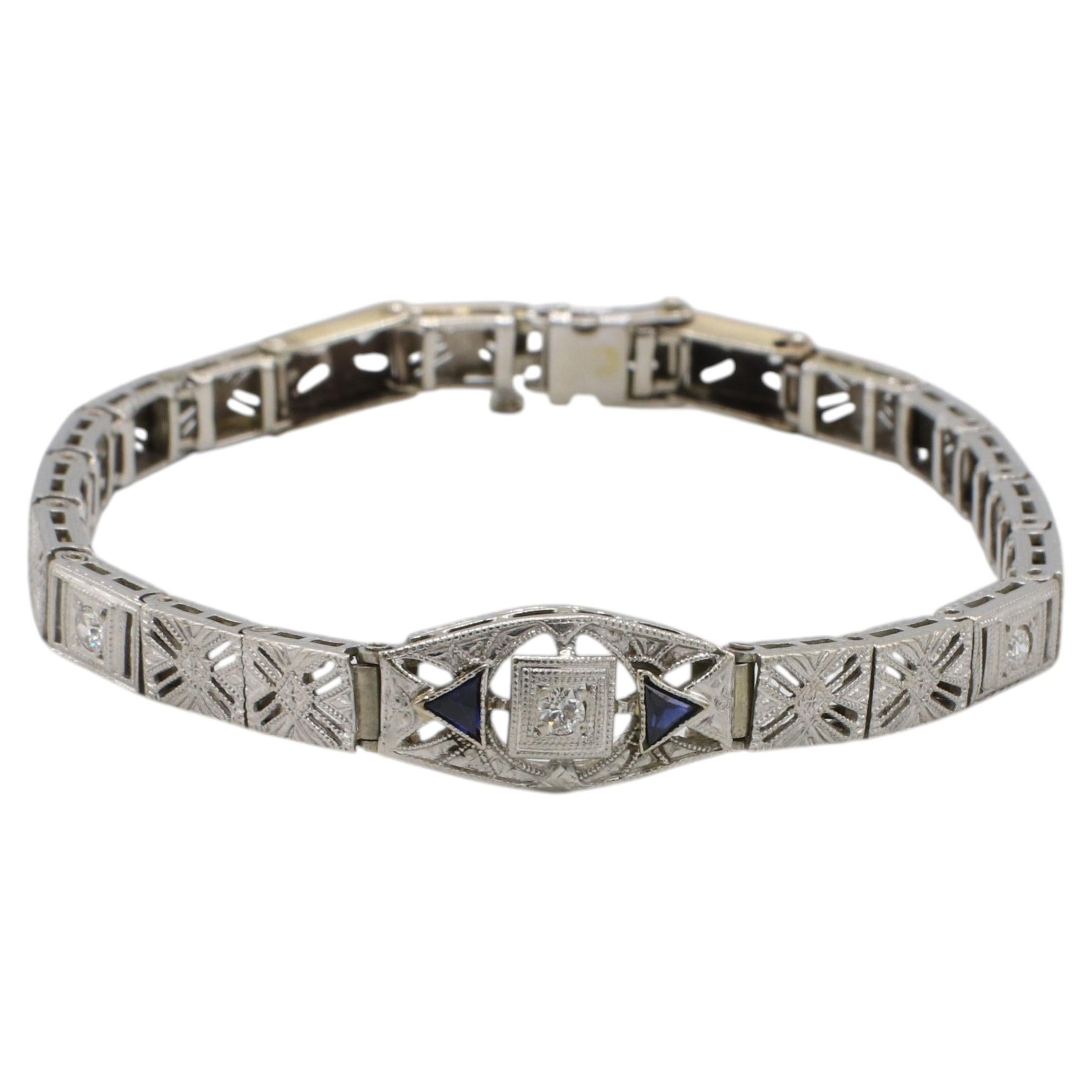 Art-Déco-Armband im Filigranstil aus Weißgold mit natürlichen Diamanten und Saphiren