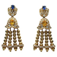 18K Yellow Gold Natural Diamond, Blue & Yellow Sapphire Dangle Drop Earrings