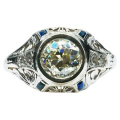 Art Deco 1.42 Carat Old European Cut Natural Diamond Filigree Sapphire Dome Ring
