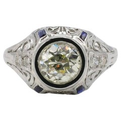 Art Deco 1.42 Carat Old European Cut Natural Diamond Filigree Sapphire Dome Ring