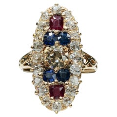 Antique Yellow Gold Old Mine Cut Natural Diamond Ruby & Sapphire Navette Ring