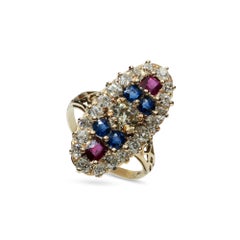 Antique Yellow Gold Old Mine Cut Natural Diamond Ruby & Sapphire Navette Ring