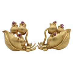 Tiffany & Co. Retro 18 Karat Yellow Gold Leaf Ruby Accented Clip Earrings