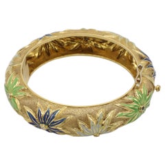 18K Yellow Gold Floral Enamel Natural Diamond & Blue Sapphire Bangle Bracelet