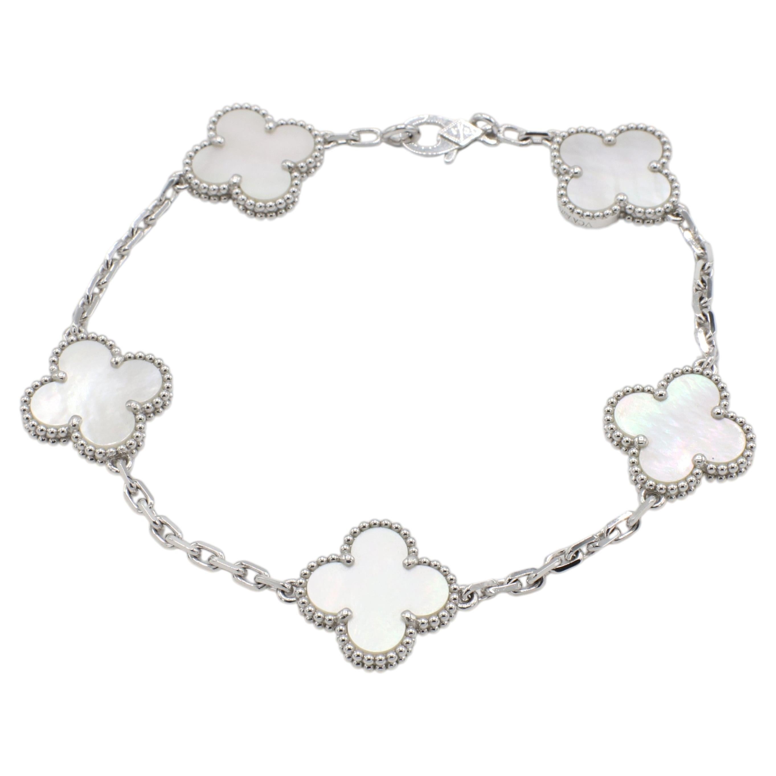 Van Cleef & Arpels Vintage Alhambra 5 Motif White Gold Mother of Pearl Bracelet