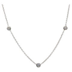 14 Karat White Gold Natural Three-Diamond Station Link Necklace 15 Inches