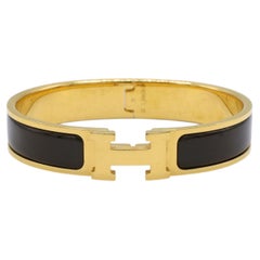 Hermès Clic H Narrow Bangle Bracelet Black Enamel & Yellow Gold
