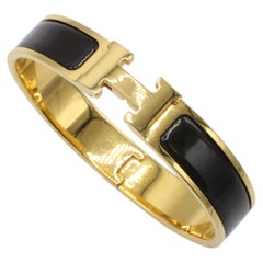 Hermès Clic H Narrow Bangle Bracelet Black Enamel & Yellow Gold