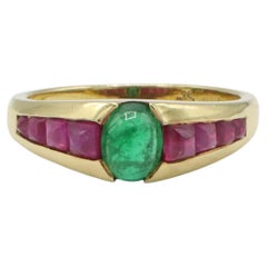 Giovane 18K Yellow Gold Emerald & Ruby Dome Sugarloaf Cabochon Band Ring