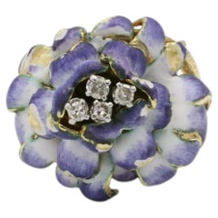 14 Karat Yellow Gold Painted Enamel Flower Pansy Diamond Dome Cocktail Ring