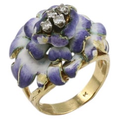 14 Karat Yellow Gold Painted Enamel Flower Pansy Diamond Dome Cocktail Ring
