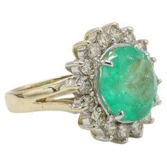 GIA Certified Columbian Natural Emerald & Diamond Halo Cocktail Ring 14K Gold