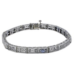14 Karat White Gold Vintage FIligree Diamond & Sapphire Link Bracelet