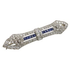 Platinum Old European Natural Diamond Blue Sapphire Flower Motif Bar Pin Brooch