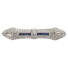 Platinum Old European Natural Diamond Blue Sapphire Flower Motif Bar Pin Brooch
