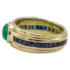 14 Karat Yellow Gold Emerald Cabochon & Blue Sapphire Eternity Band Dome Ring