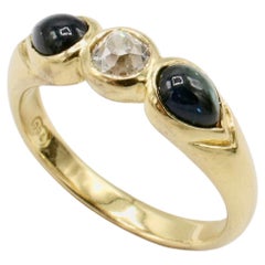 Anello a cupola in oro giallo 18 carati con diamante naturale taglio Old Mine e zaffiro blu scuro