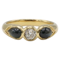 Anello a cupola in oro giallo 18 carati con diamante naturale taglio Old Mine e zaffiro blu scuro