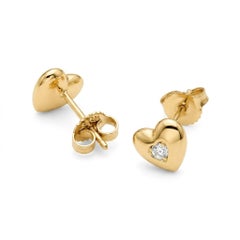 Tiffany & Co. 18 Karat Yellow Gold Puffed Heart & Natural Diamond Stud Earrings