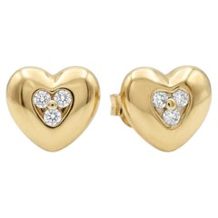 Tiffany & Co. 18 Karat Yellow Gold Puffed Heart & Natural Diamond Stud Earrings