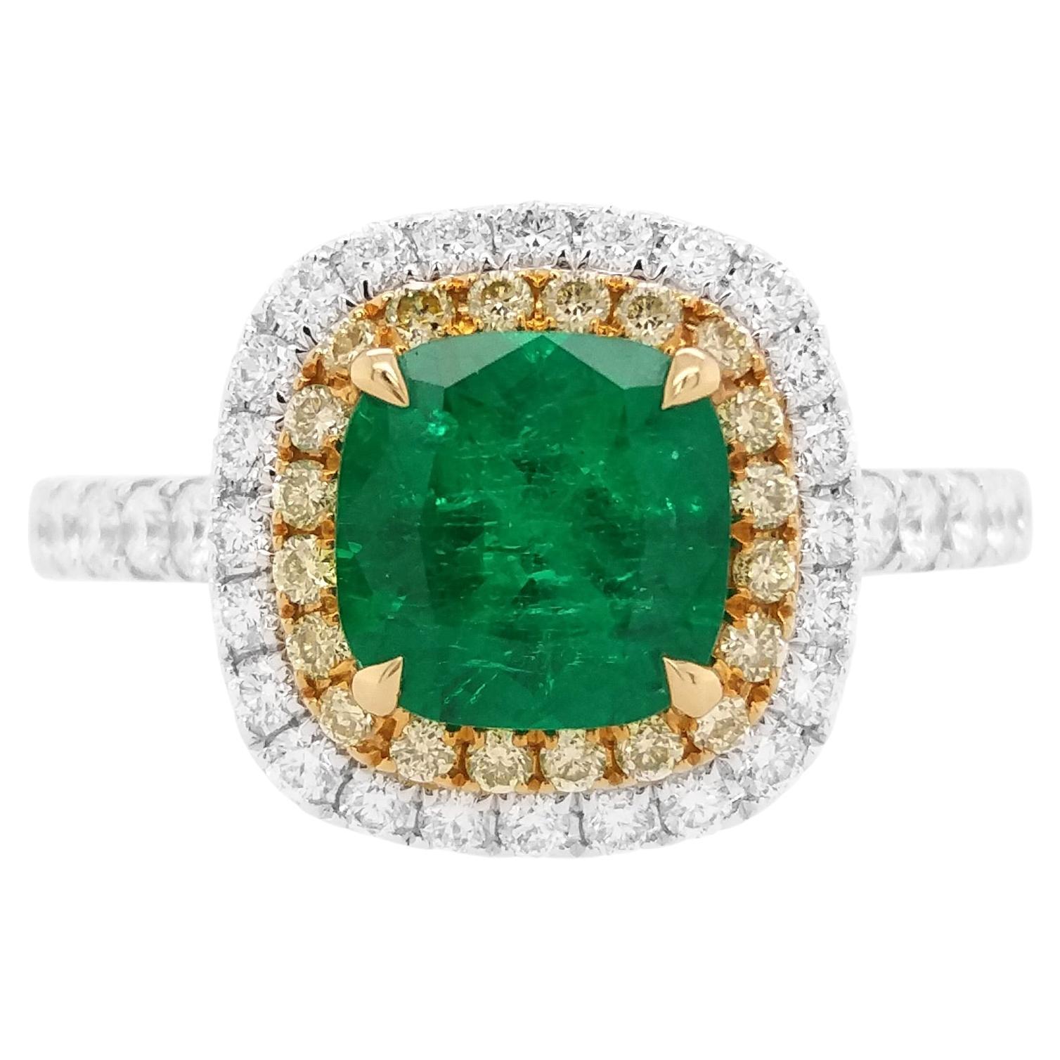 Certified Colombian Emerald Yellow Diamond White Diamond 18K Engagement Ring