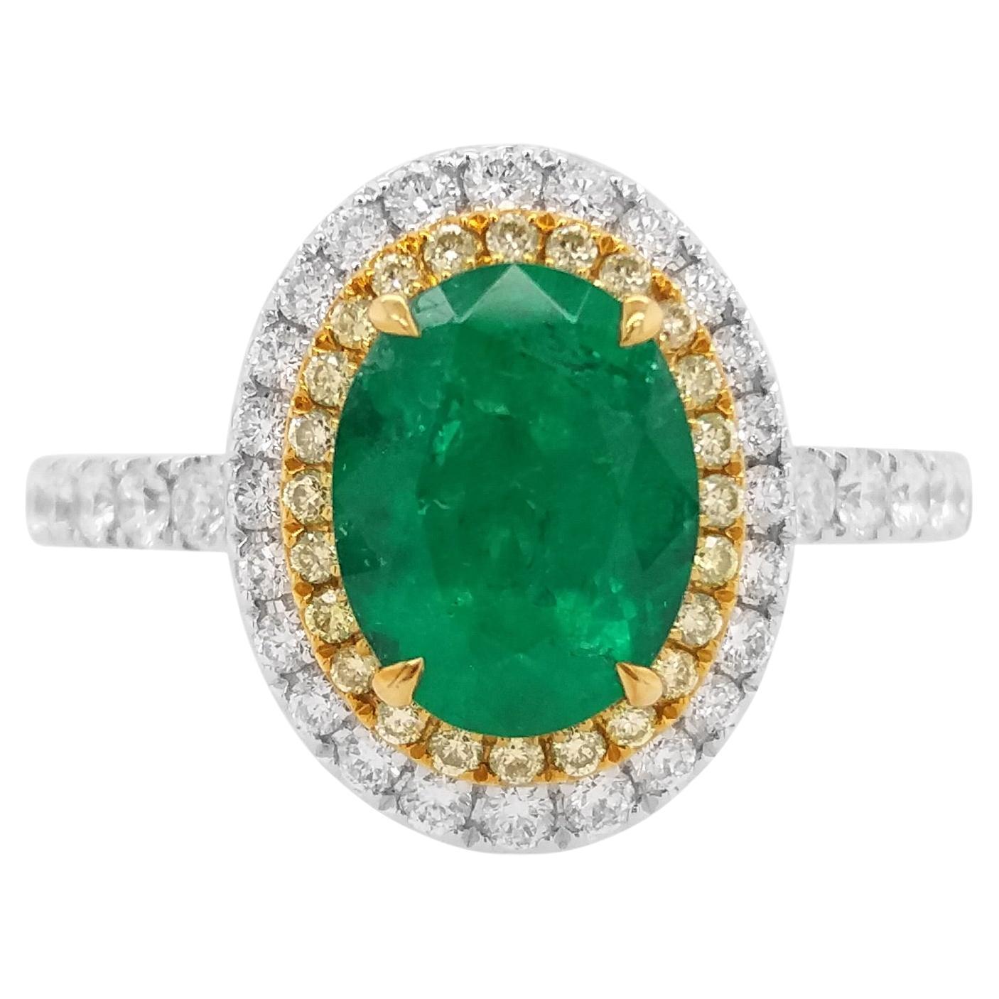 Bague en or 18 carats certifiée en forme d'émeraude colombienne ovale, diamant jaune et tournante